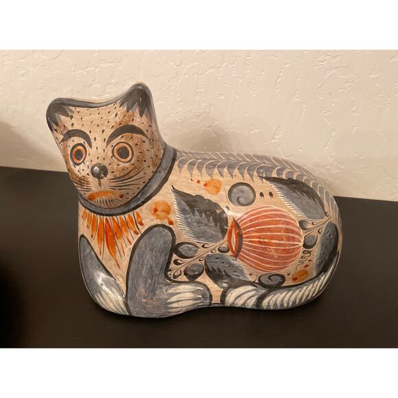 Vintage Tonala Artisan Cat Folk Art Burnished Pottery Ceramic Mexican Large - Picture 1 of 9